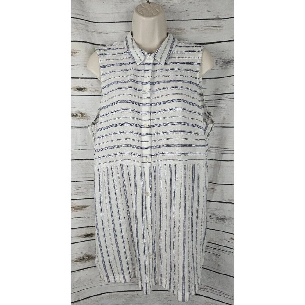 J Jill Striped Woven Top L Tunic Blue Cotton Silver Metallic Thread Sleeveless